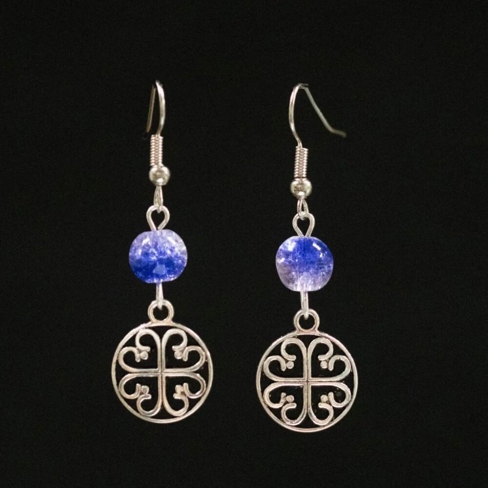 181 BLUE FLORAL Handmade Stainless Steel and Glass Bead Earrings